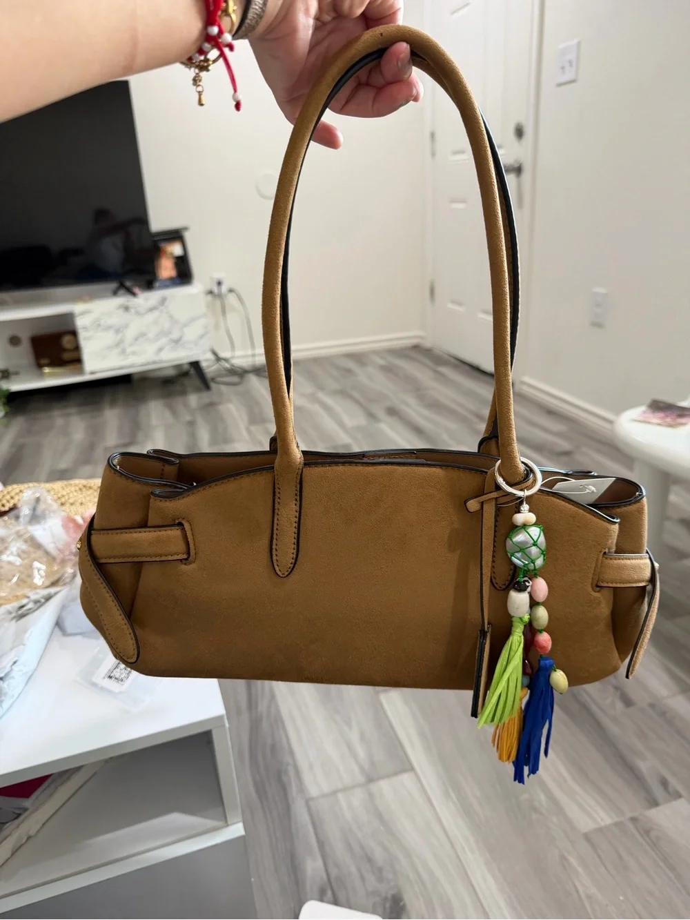 H&M Brown Shoulder Bag with Colorful Tassel Charm
